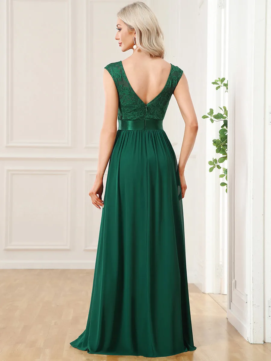 Wholesale V Back Belted Lace & Chiffon Bridesmaid Dresses