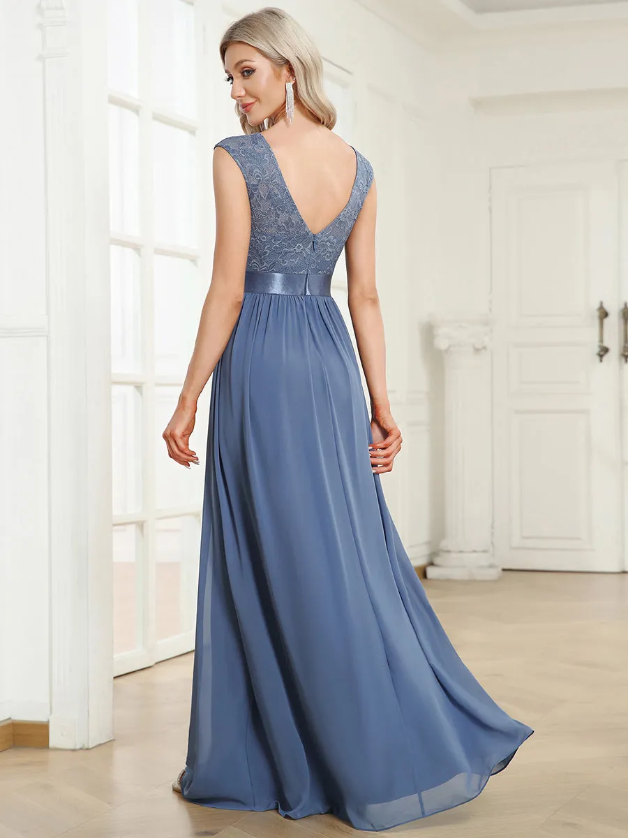 Wholesale V Back Belted Lace & Chiffon Bridesmaid Dresses