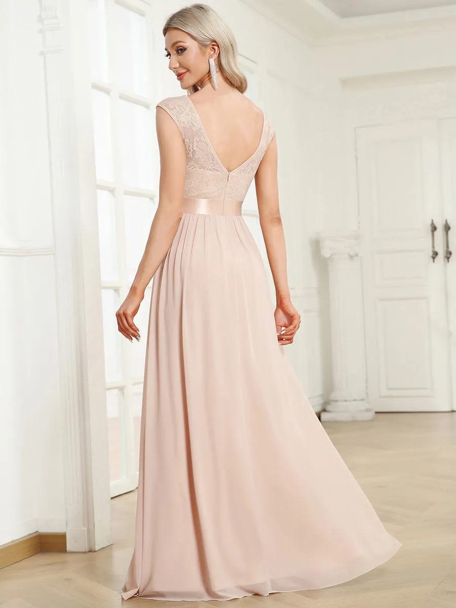 Wholesale V Back Belted Lace & Chiffon Bridesmaid Dresses