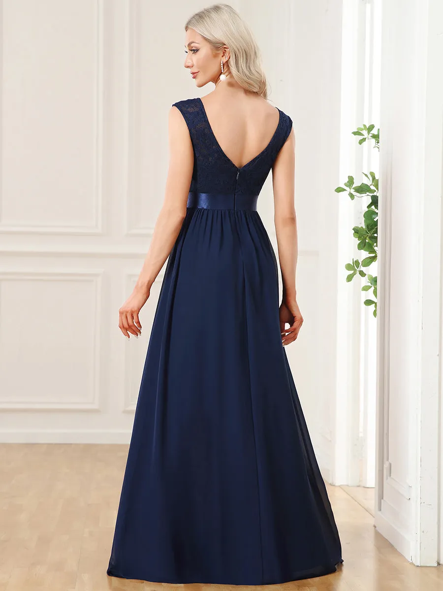 Wholesale V Back Belted Lace & Chiffon Bridesmaid Dresses