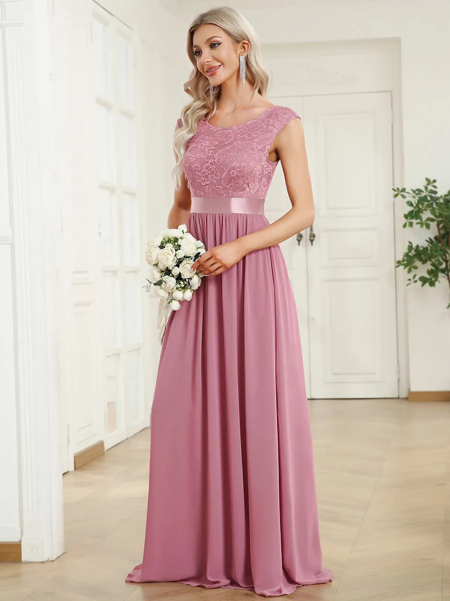 Wholesale V Back Belted Lace & Chiffon Bridesmaid Dresses