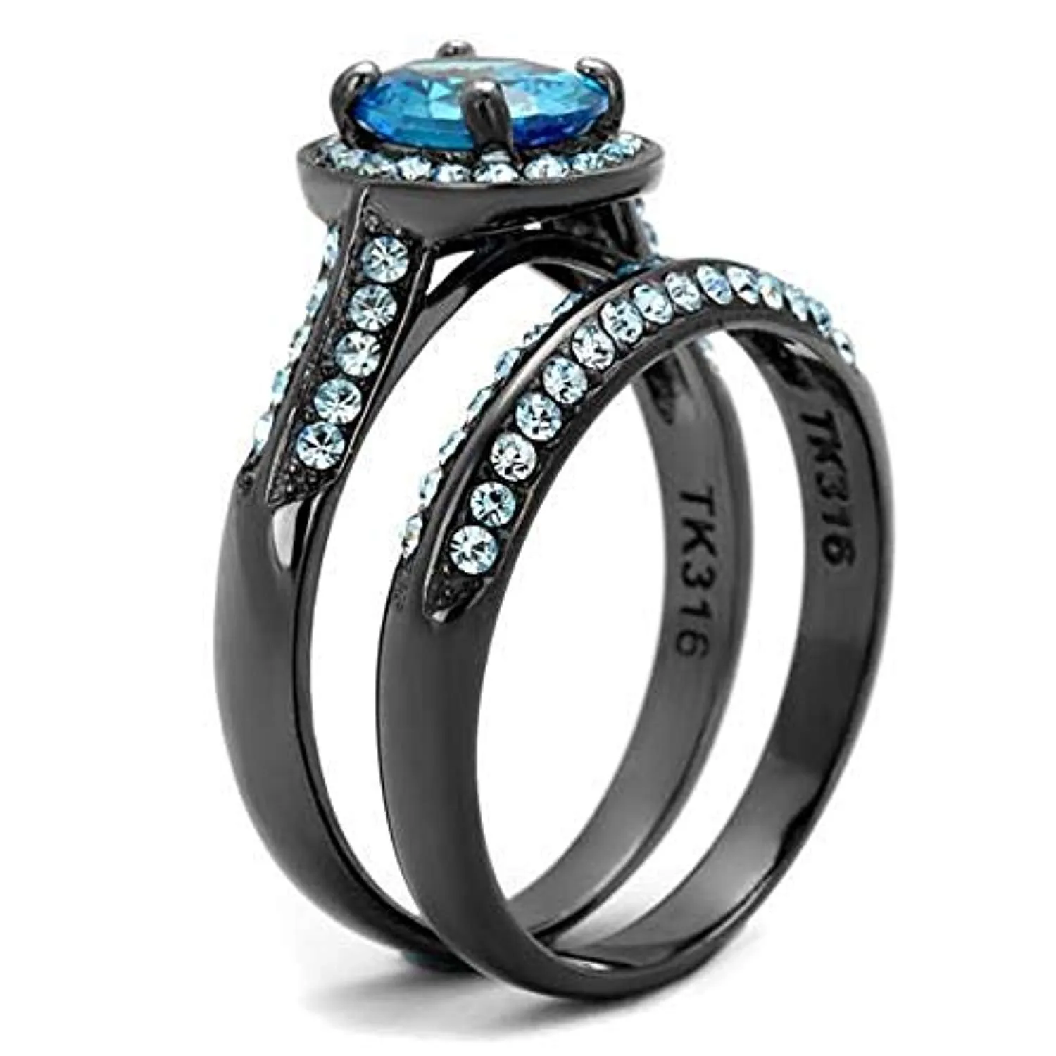 WildKlass Stainless Steel Ring IP Light Black (IP Gun) Women AAA Grade CZ Sea Blue