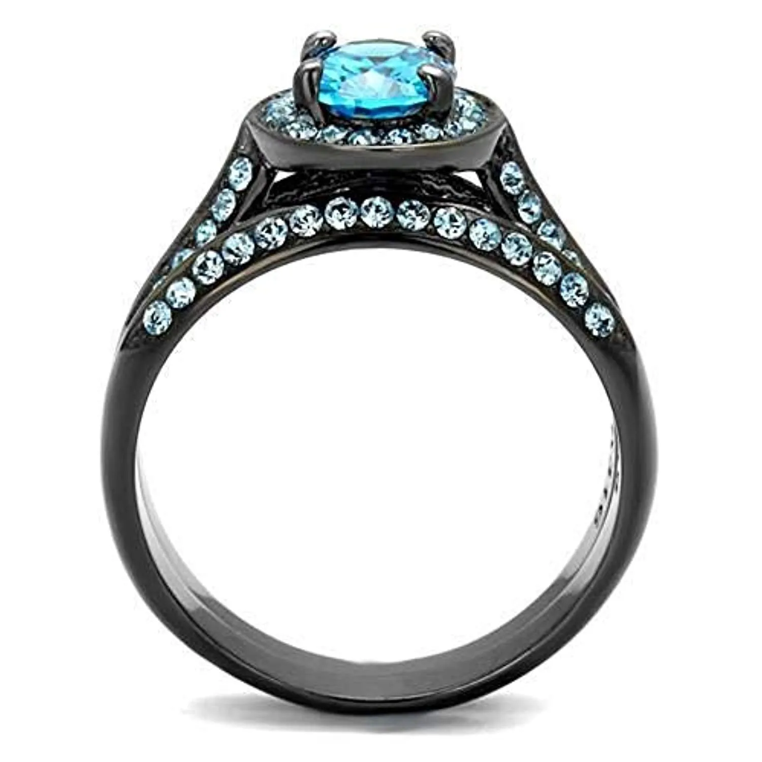 WildKlass Stainless Steel Ring IP Light Black (IP Gun) Women AAA Grade CZ Sea Blue