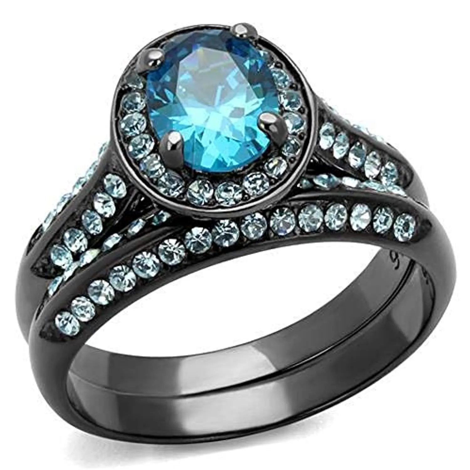 WildKlass Stainless Steel Ring IP Light Black (IP Gun) Women AAA Grade CZ Sea Blue